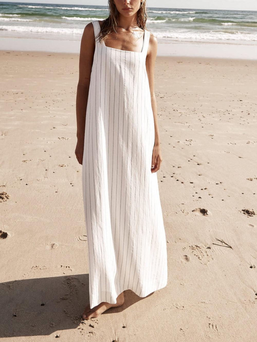 White With Charcoal Charming Pinstripe Maxi Dress InsStreet