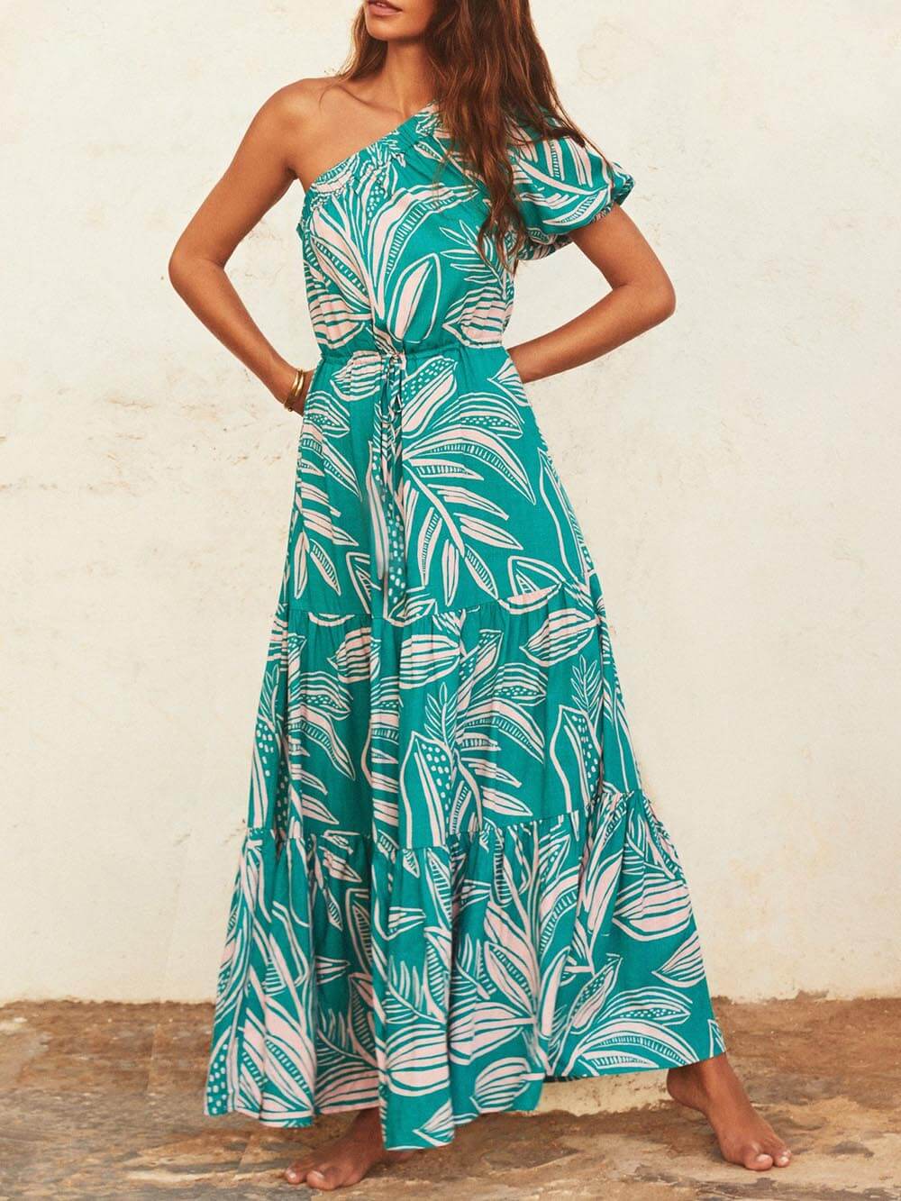 Palm Leaf Print Off-Shoulder Graceful Holiday Style Floral Dress InsStreet