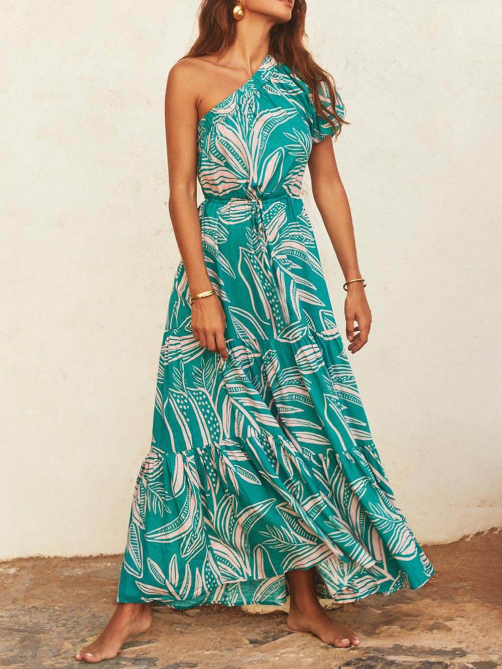 Palm Leaf Print Off-Shoulder Graceful Holiday Style Floral Dress InsStreet