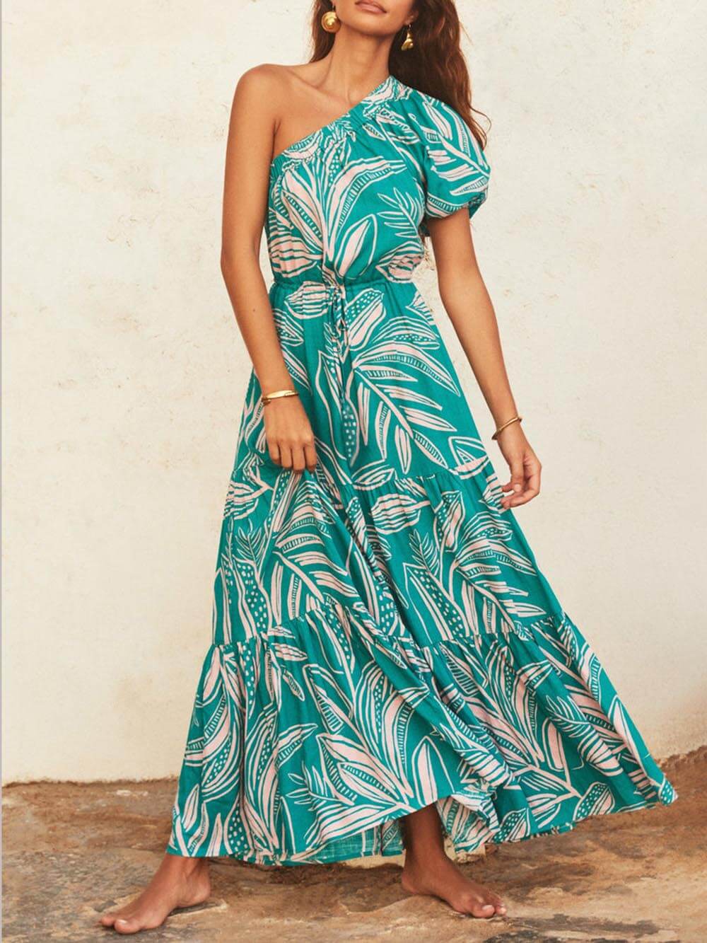 Palm Leaf Print Off-Shoulder Graceful Holiday Style Floral Dress InsStreet