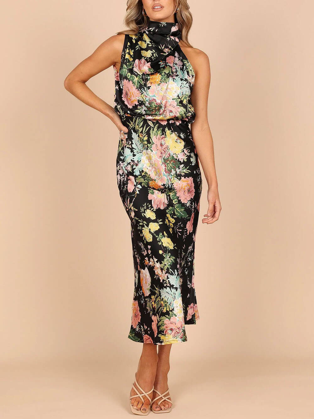 Floral Halter Neck Charming Elastic Waist Maxi Dress InsStreet