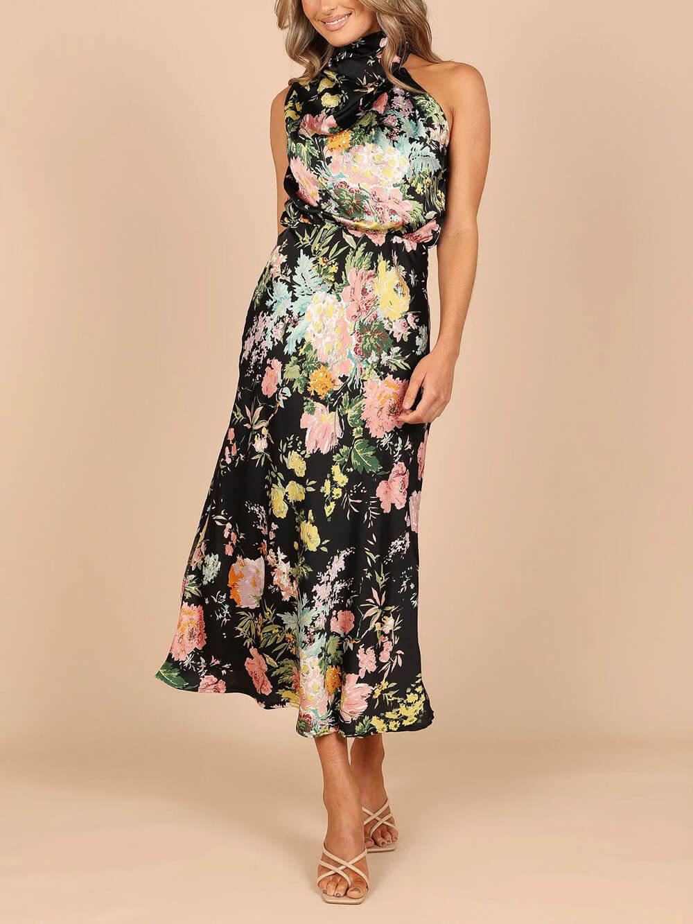 Floral Halter Neck Charming Elastic Waist Maxi Dress InsStreet