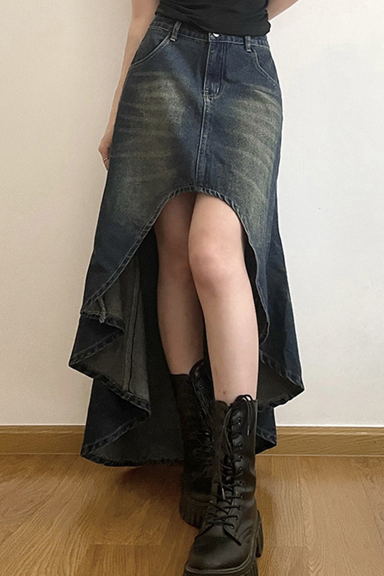 with Irregular Skirt Denim Distressed High Rise Wash InsStreet