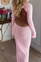 Long Sleeve Backless Knitted Midi Dress with Hollow Out Design InsStreet