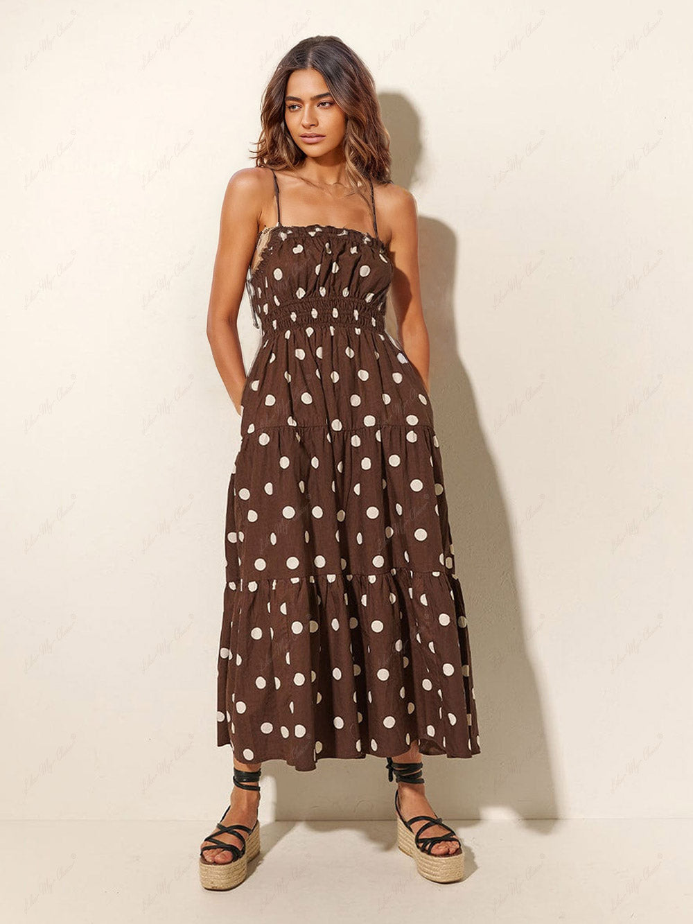 Chocolate And Ivory Polka Dot Trendy Print Pleated Elastic Strap Dress InsStreet