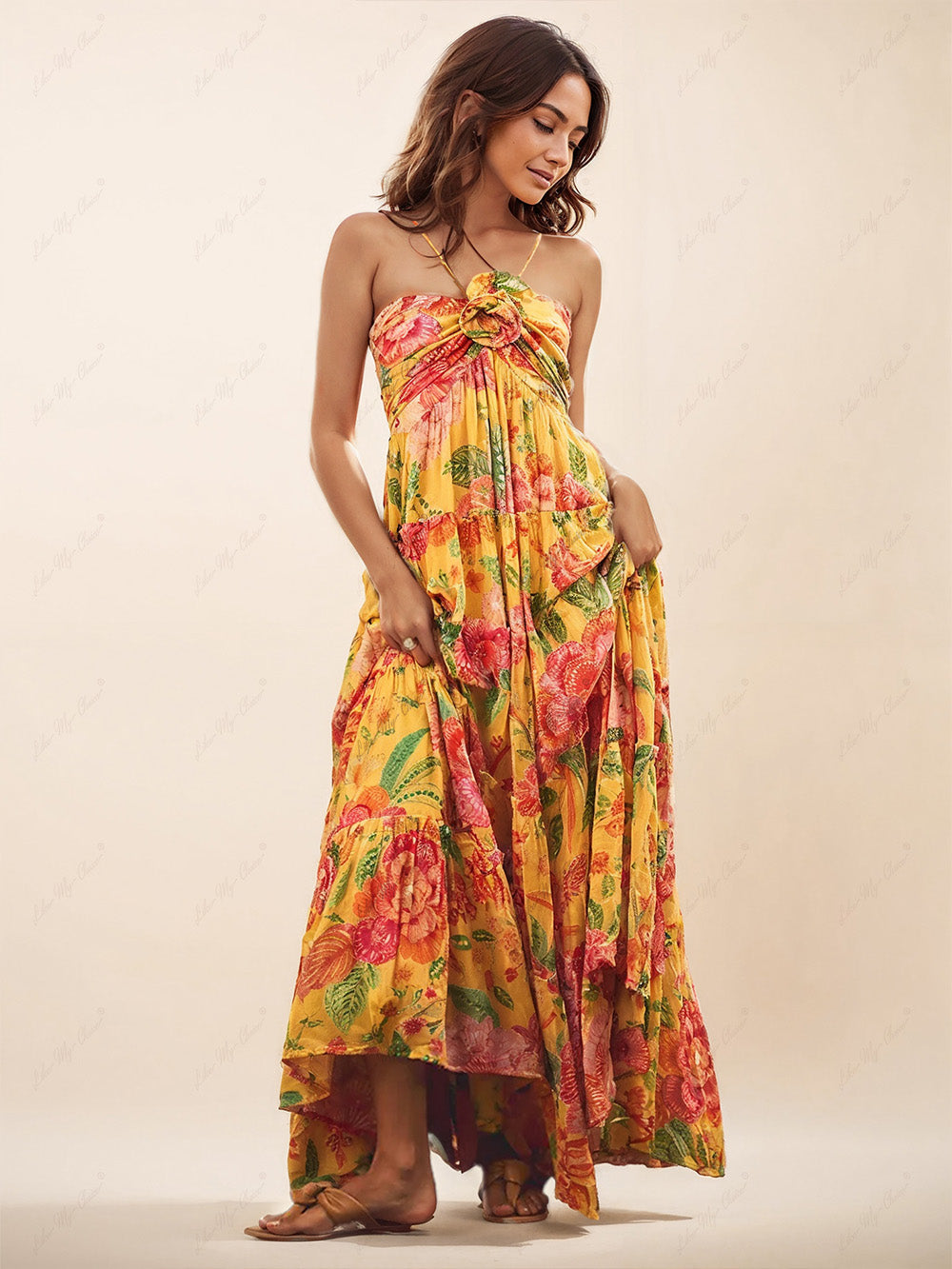 Hanging Neck Printed Floral Graceful Design Backless Straight Maxi Dress InsStreet