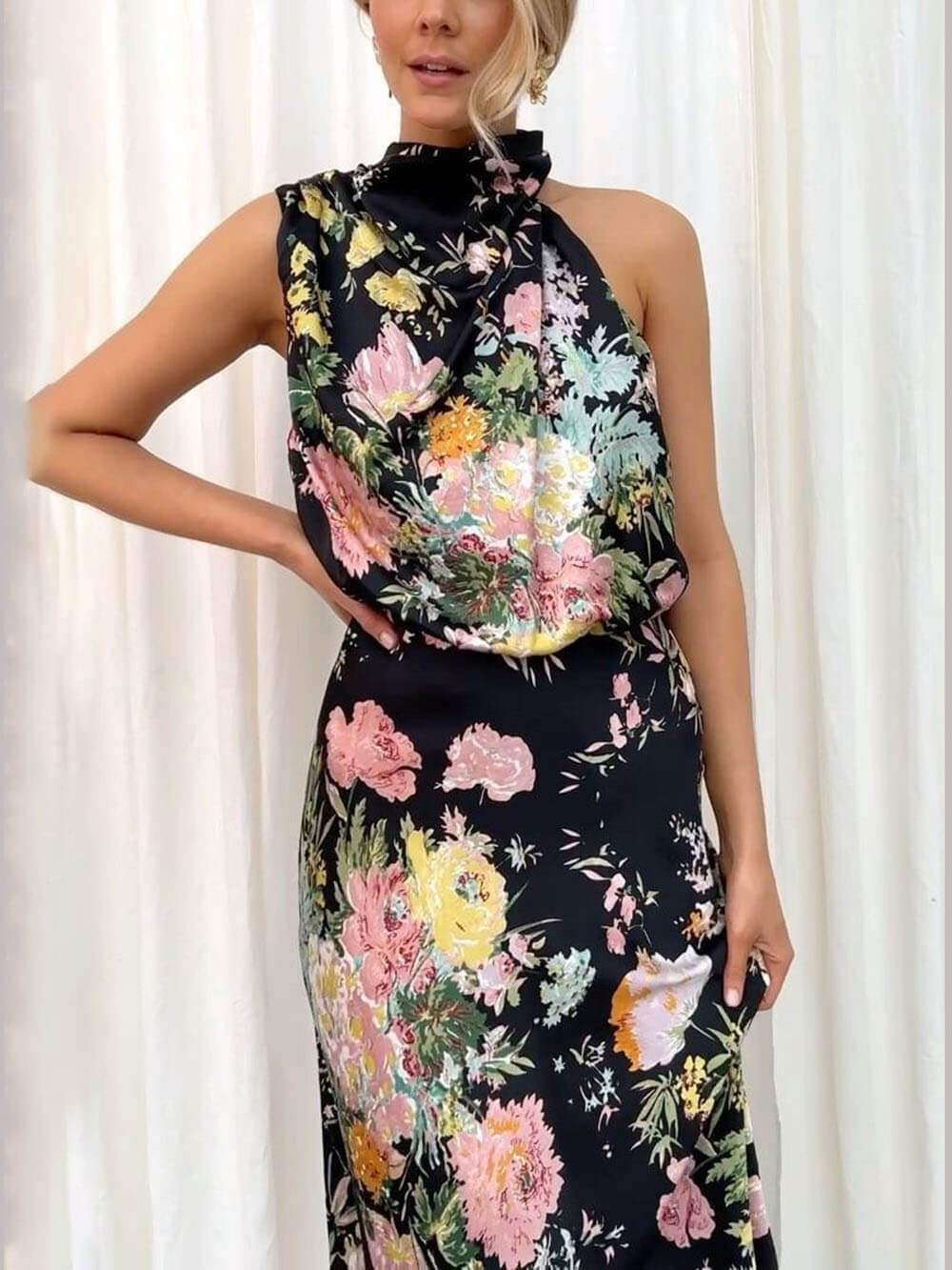 Floral Halter Neck Charming Elastic Waist Maxi Dress InsStreet