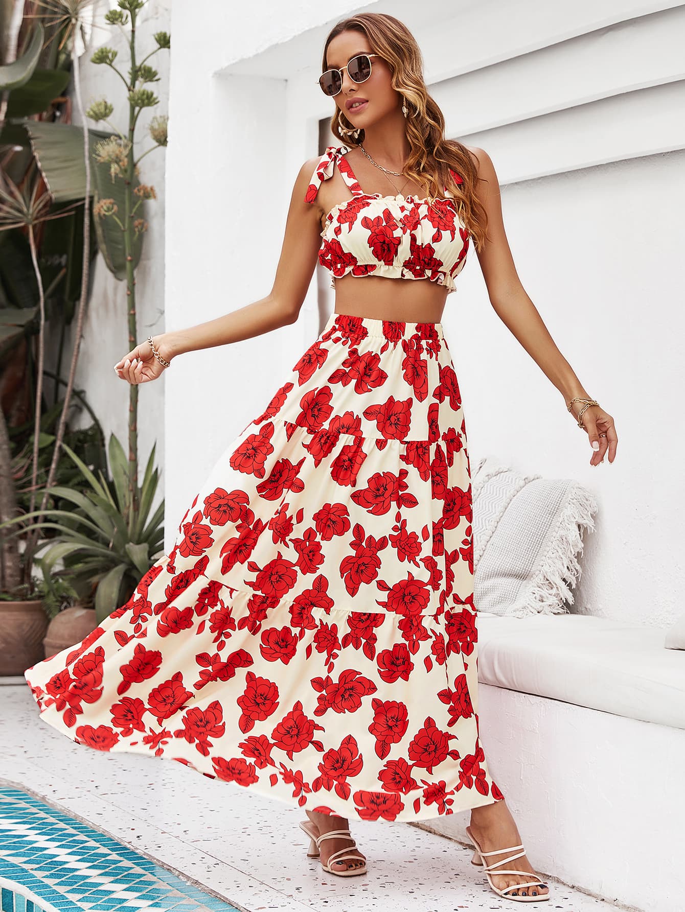 Skirt Tie Tiered Top with Full-Length Flowered Shoulder Set InsStreet