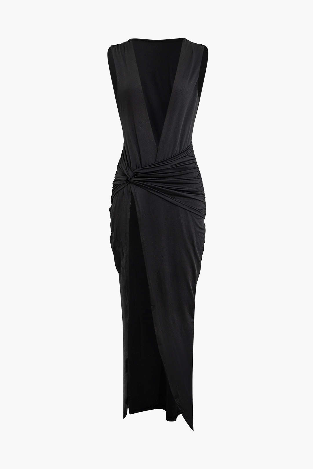 Wrap Ruched Slit Deep Graceful V-neck Sleeveless Maxi Dress InsStreet