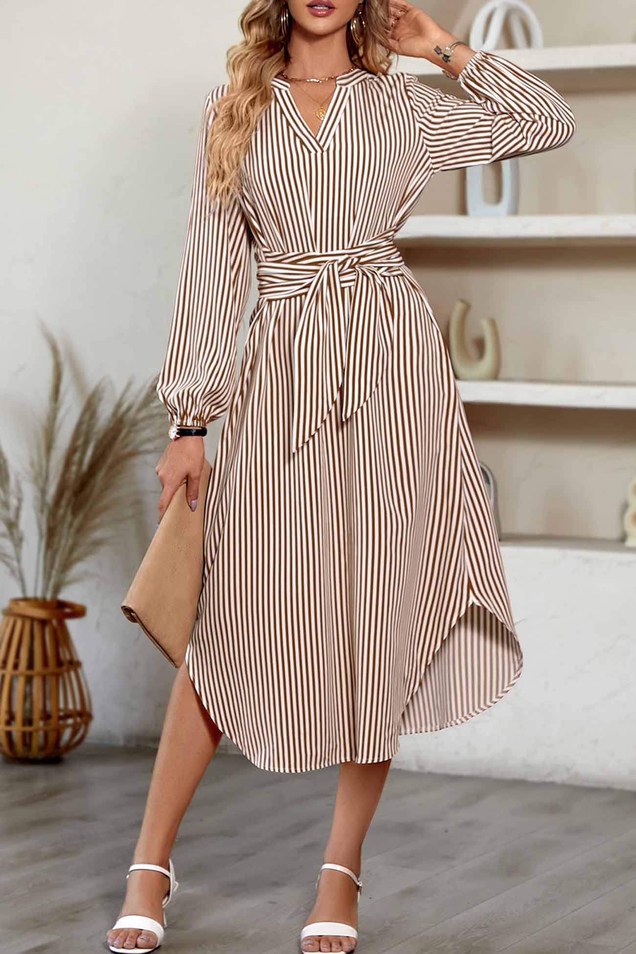 Striped V Neck Tie Waist Long Sleeve Midi Dress InsStreet