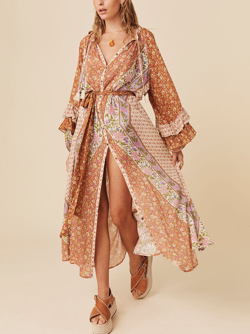 Unique Bohemian Print Long Graceful Sleeve Robe Midi Dress InsStreet