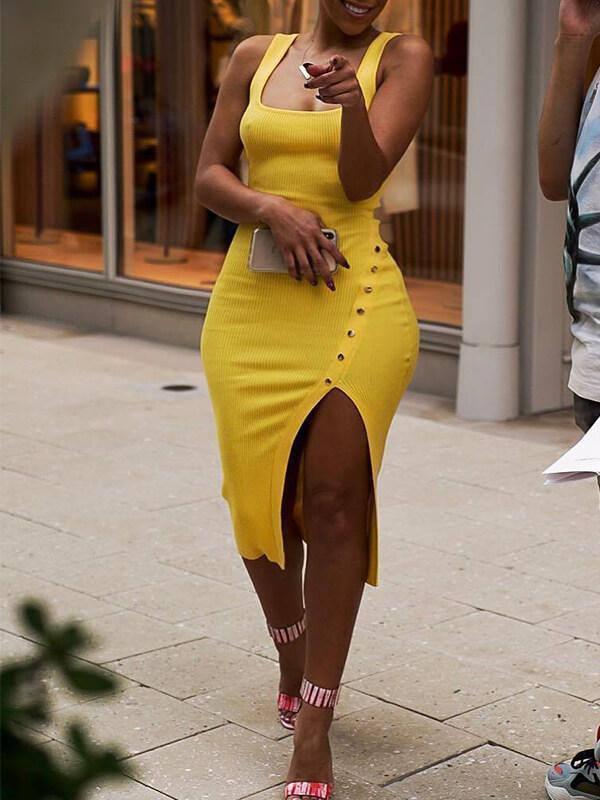 Sleeveless Square-Neck Slit Dress Ins Street