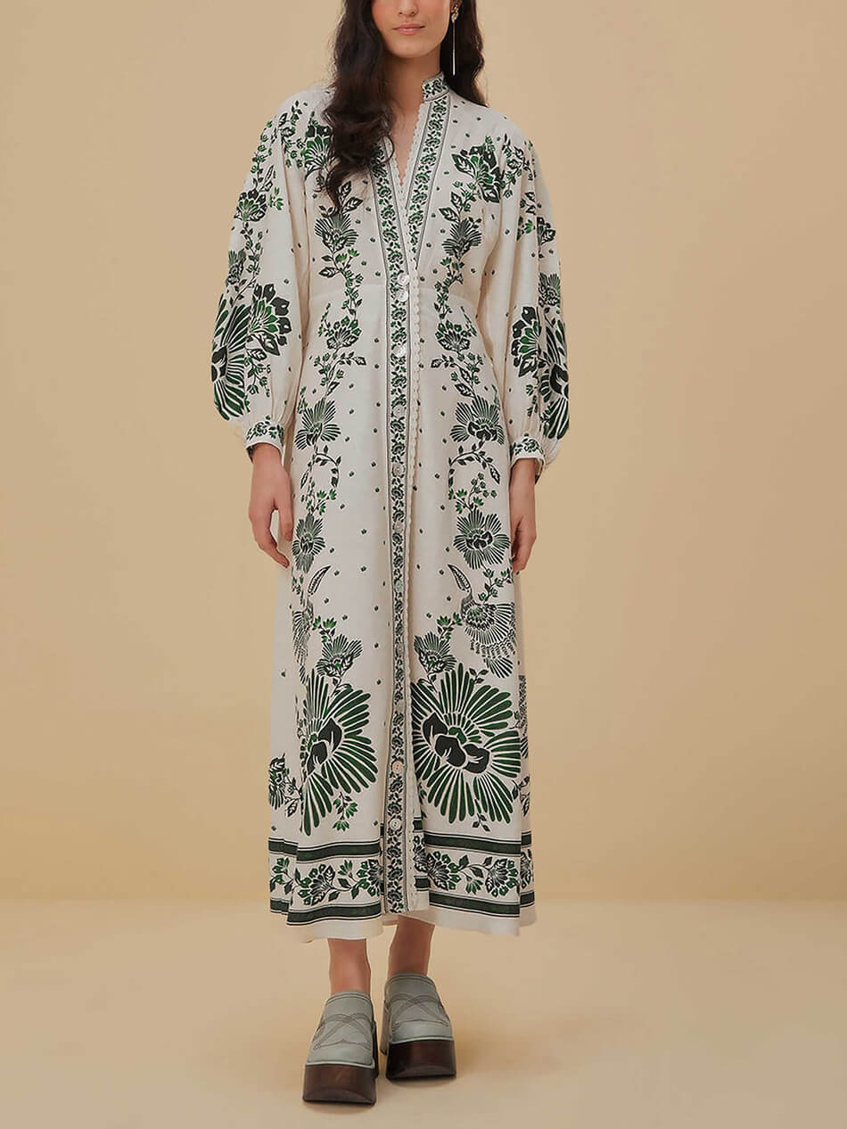 Vintage Floral Print Lantern Graceful Long Sleeve Midi Dress InsStreet