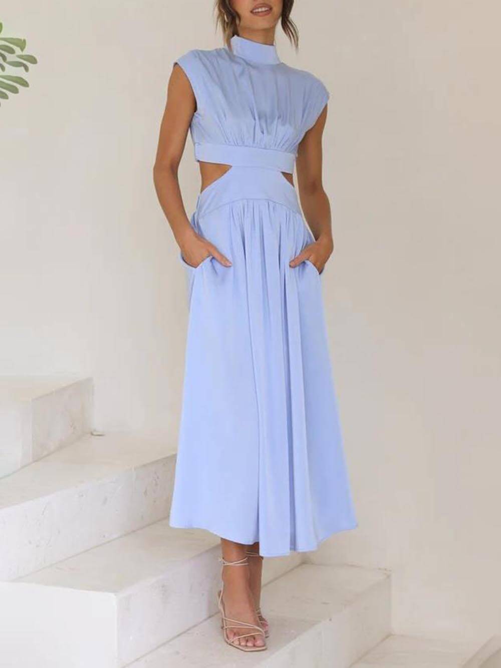 Cutout Waist Pocketed Charming Vacation Midi Dress InsStreet