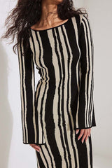 Long Sleeve Knitted Dress with Contrast Color InsStreet