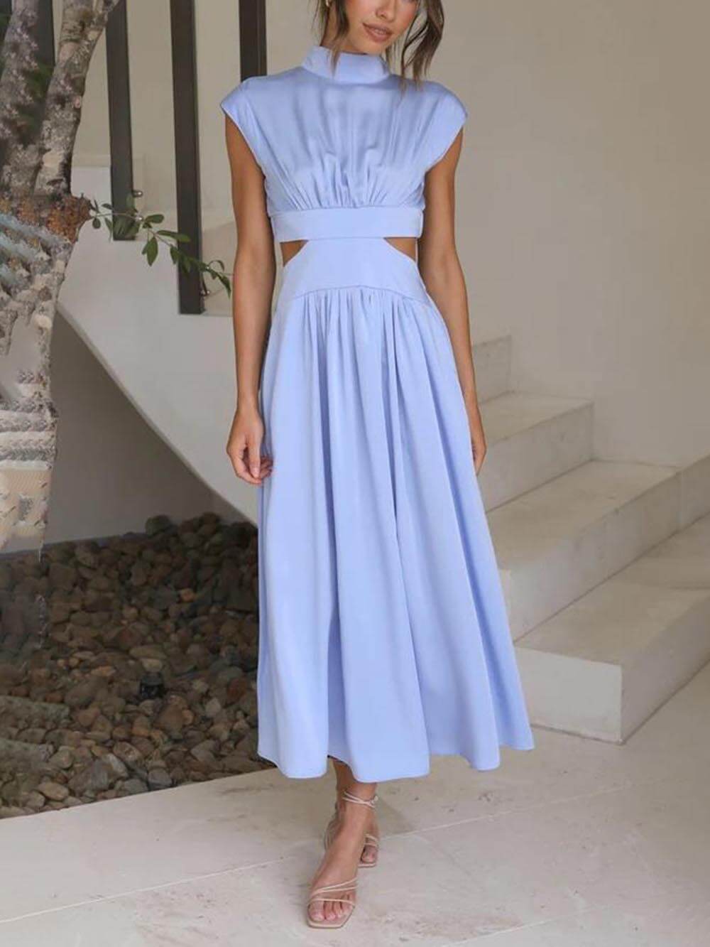 Cutout Waist Pocketed Charming Vacation Midi Dress InsStreet