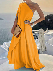 Solid Color Loose Charming One Shoulder Maxi Dress InsStreet