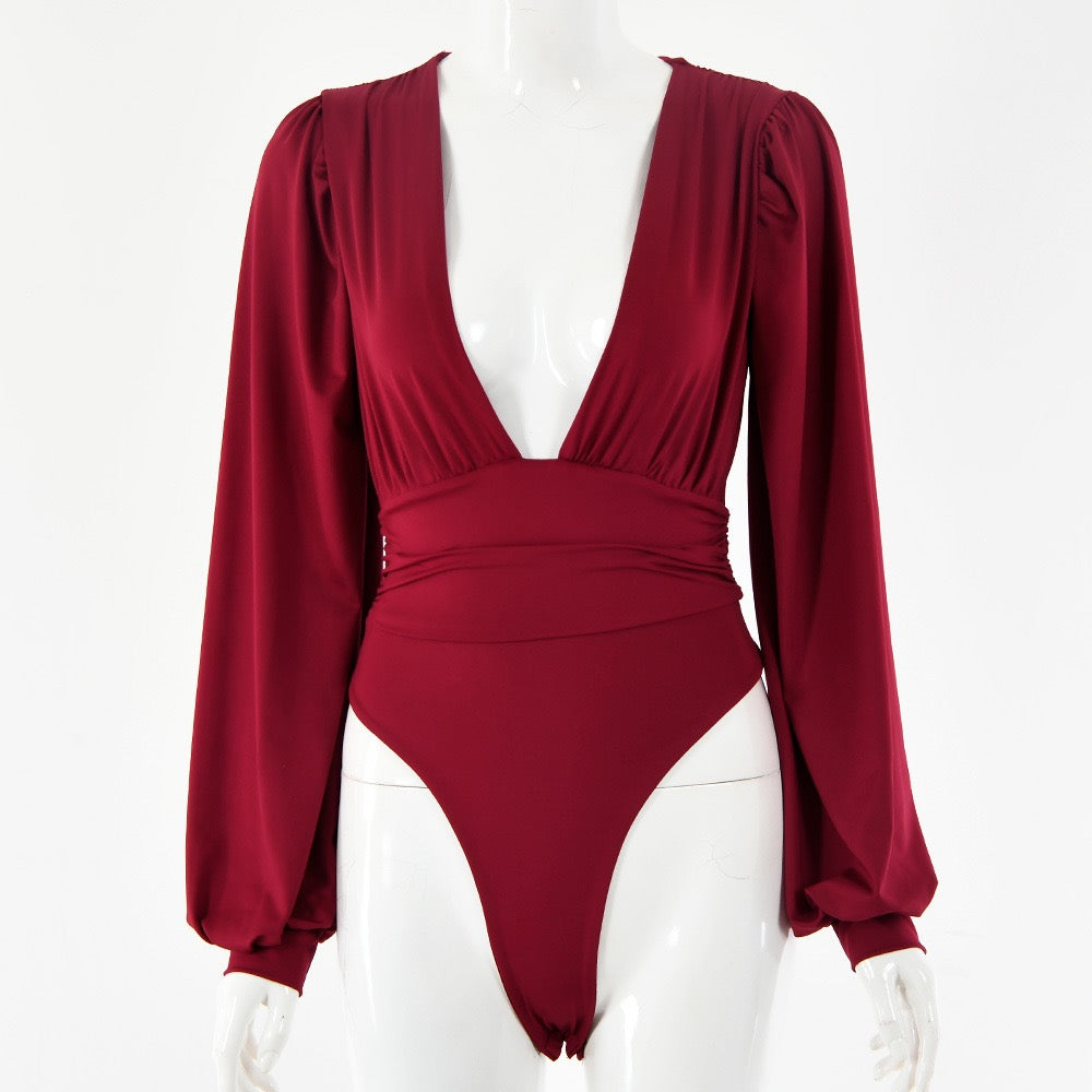 Puff-Sleeve Plunge Bodysuit