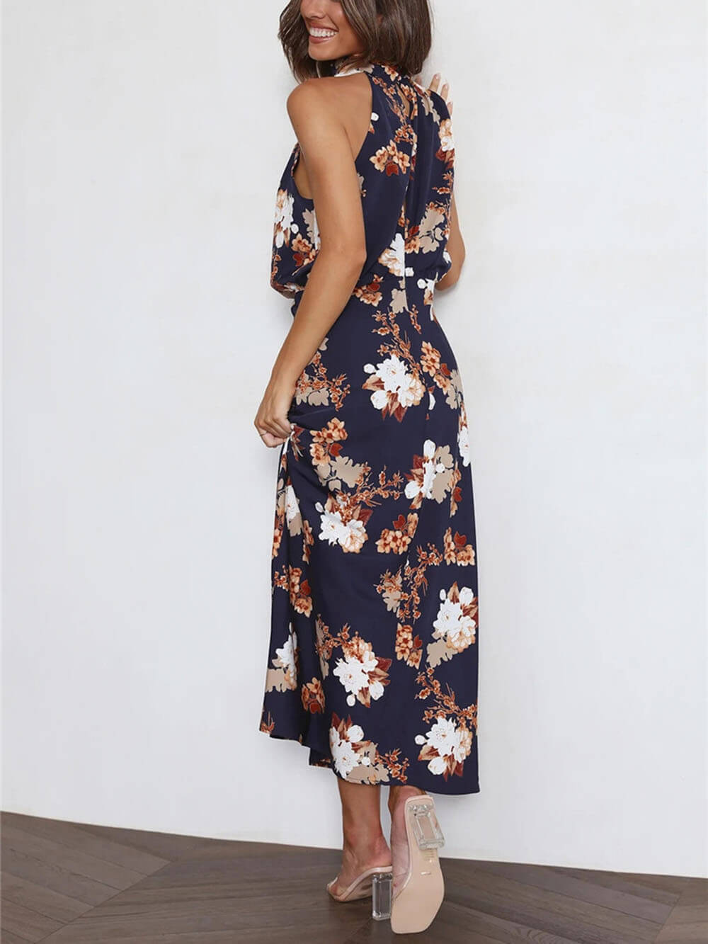 Floral Halter Neck Charming Elastic Waist Maxi Dress InsStreet