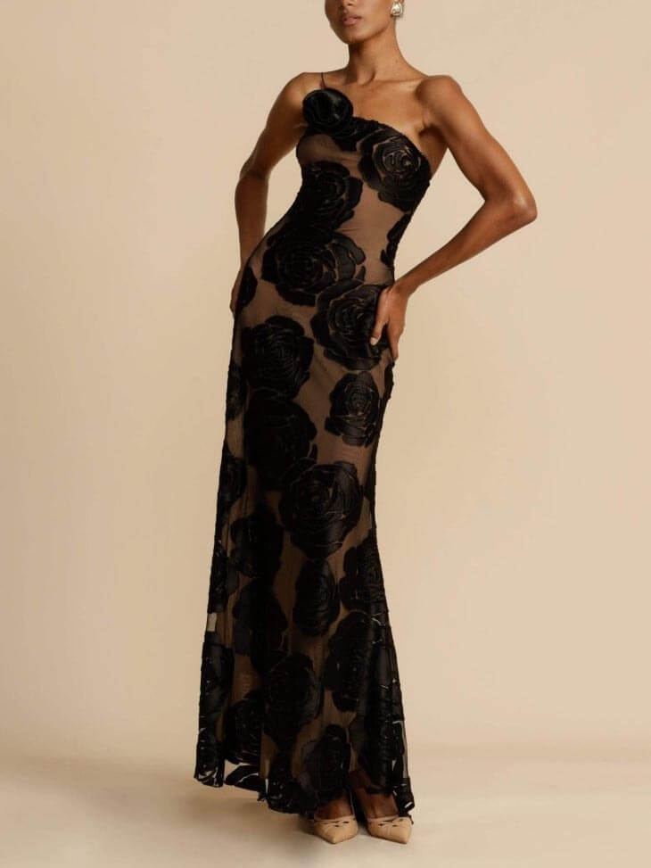 Rose Flower Three-Dimensional Charming Burnt Flower Maxi Dress InsStreet