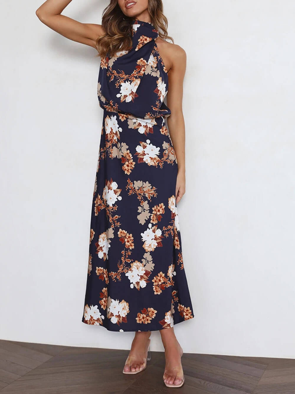 Floral Halter Neck Charming Elastic Waist Maxi Dress InsStreet