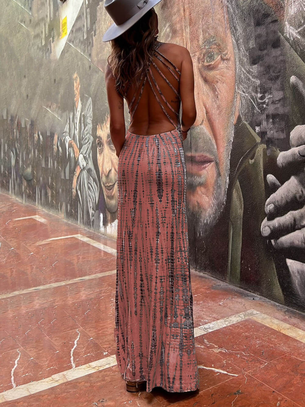 Tie-dye Print Back Charming Lace-up Stretch Maxi Dress InsStreet