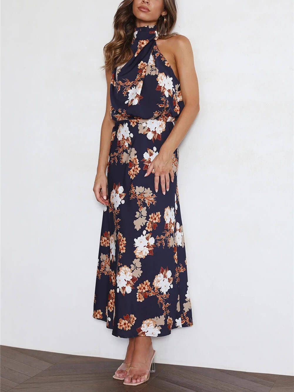 Floral Halter Neck Charming Elastic Waist Maxi Dress InsStreet