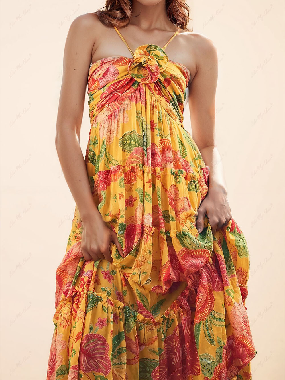 Hanging Neck Printed Floral Graceful Design Backless Straight Maxi Dress InsStreet