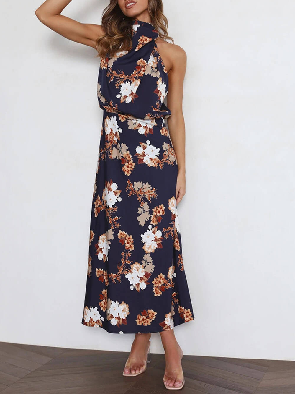 Floral Halter Neck Charming Elastic Waist Maxi Dress InsStreet