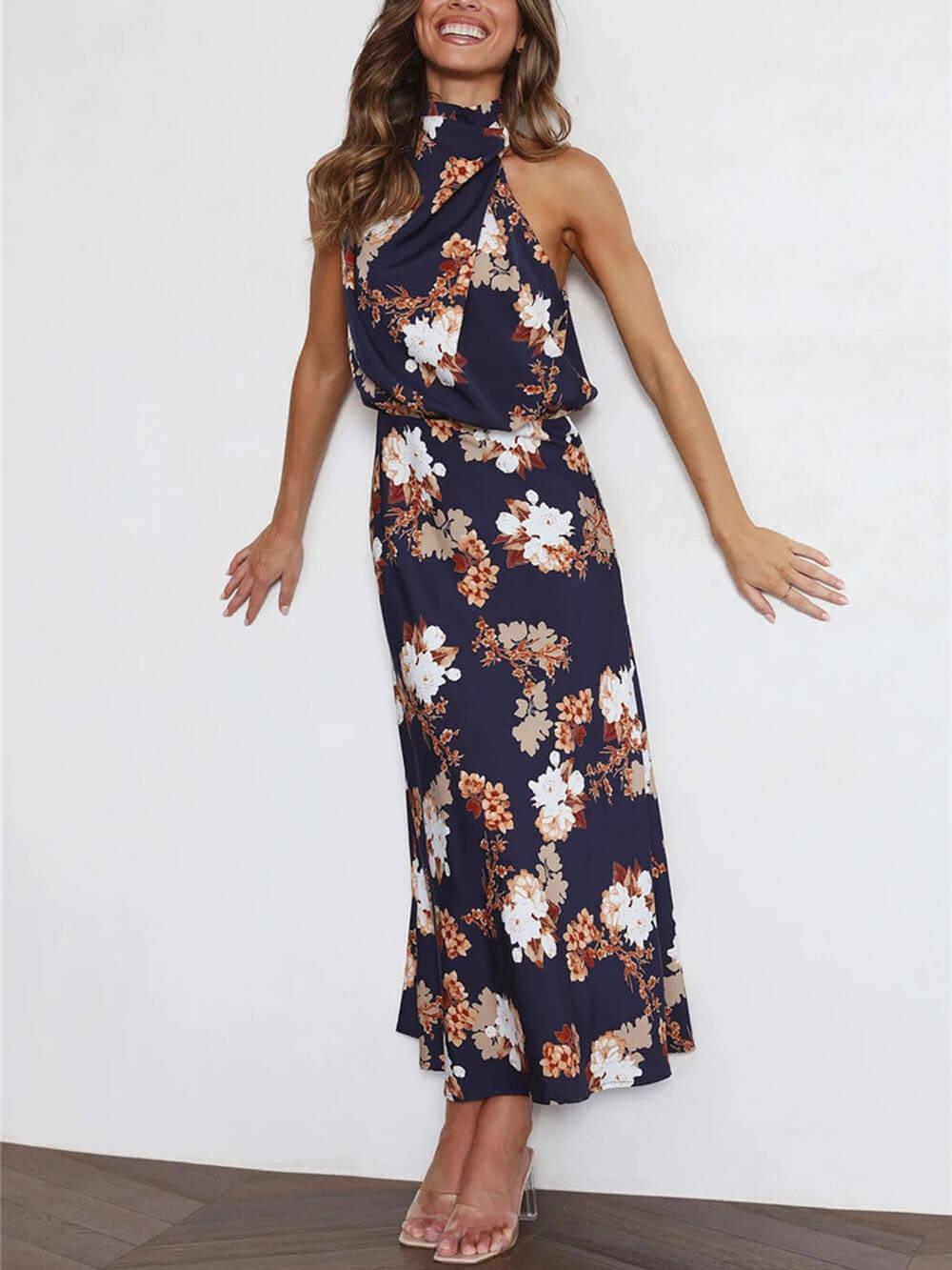 Floral Halter Neck Charming Elastic Waist Maxi Dress InsStreet