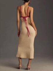 Knitted Suspender Halterneck V-Neck Graceful Backless Sexy Midi Dress InsStreet