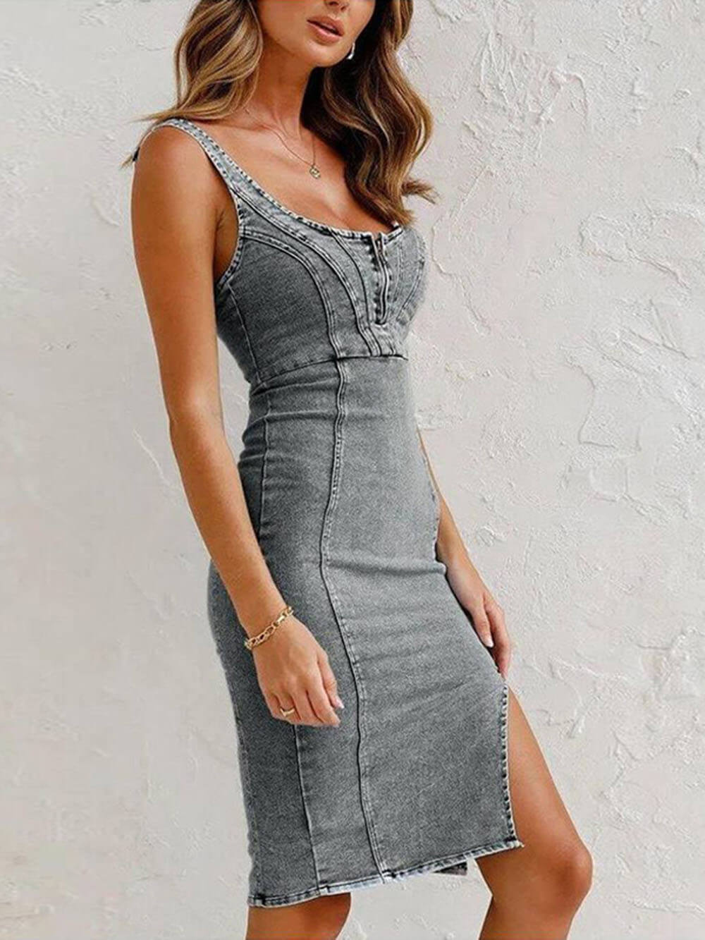 This Seasons Staple Denim Adjustable Trendy Straps Zip-up Firm Stretch Midi Dress InsStreet