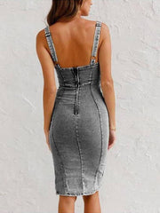 This Seasons Staple Denim Adjustable Trendy Straps Zip-up Firm Stretch Midi Dress InsStreet