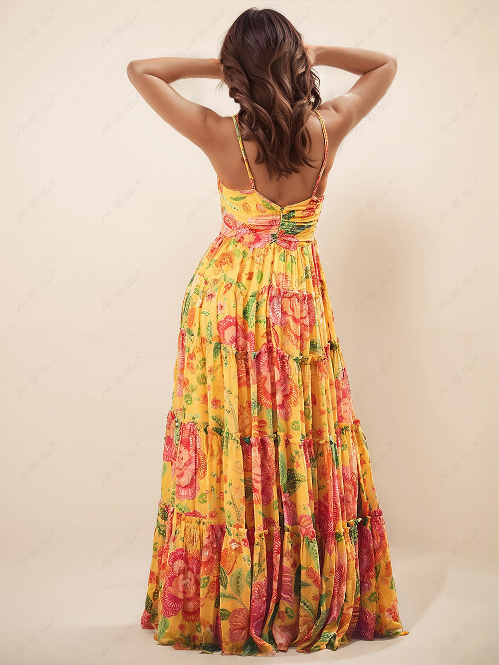 Hanging Neck Printed Floral Graceful Design Backless Straight Maxi Dress InsStreet