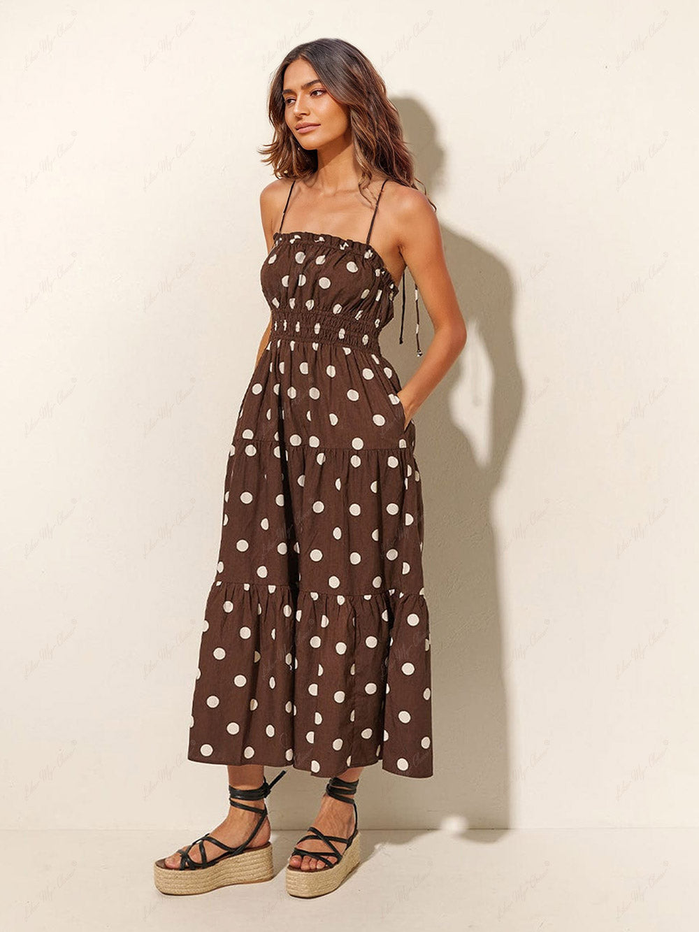 Chocolate And Ivory Polka Dot Trendy Print Pleated Elastic Strap Dress InsStreet