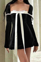 Striped Long Sleeve Mini Dress with Square Neck Bow Tie InsStreet