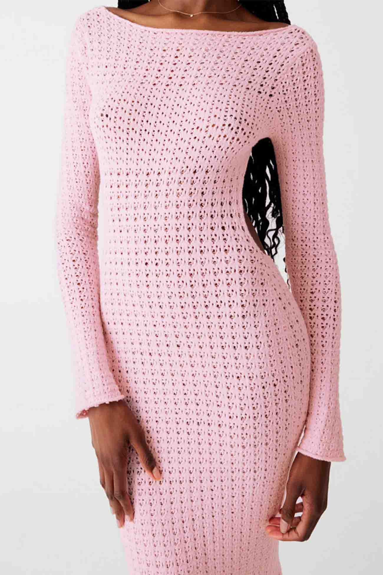Long Sleeve Backless Knitted Midi Dress with Hollow Out Design InsStreet