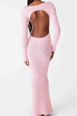 Long Sleeve Backless Knitted Midi Dress with Hollow Out Design InsStreet
