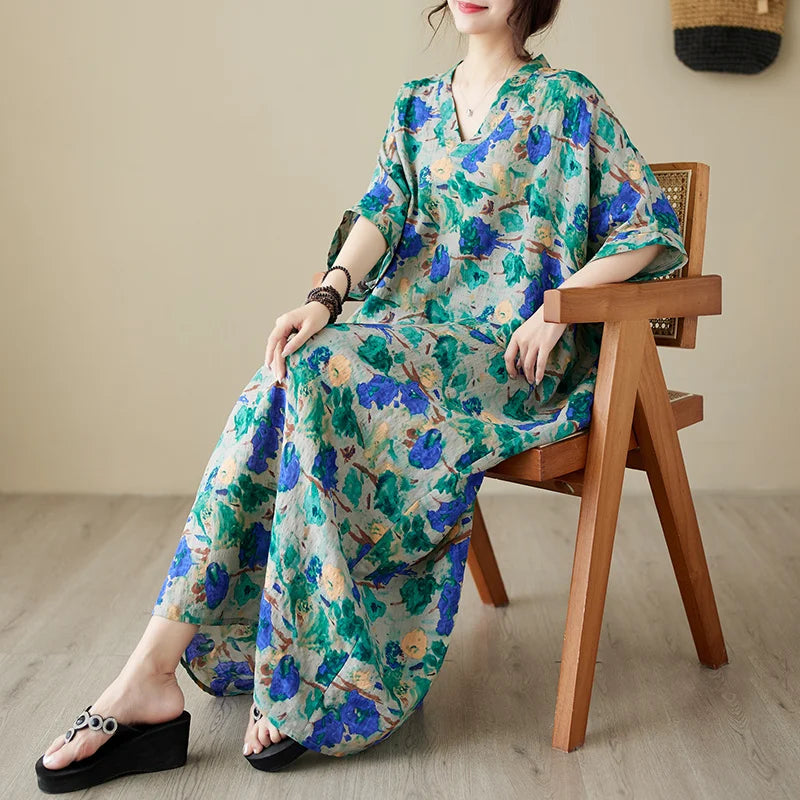 Green Red Cotton Linen Print Batwing Sleeve Retro Boho Dress InsStreet