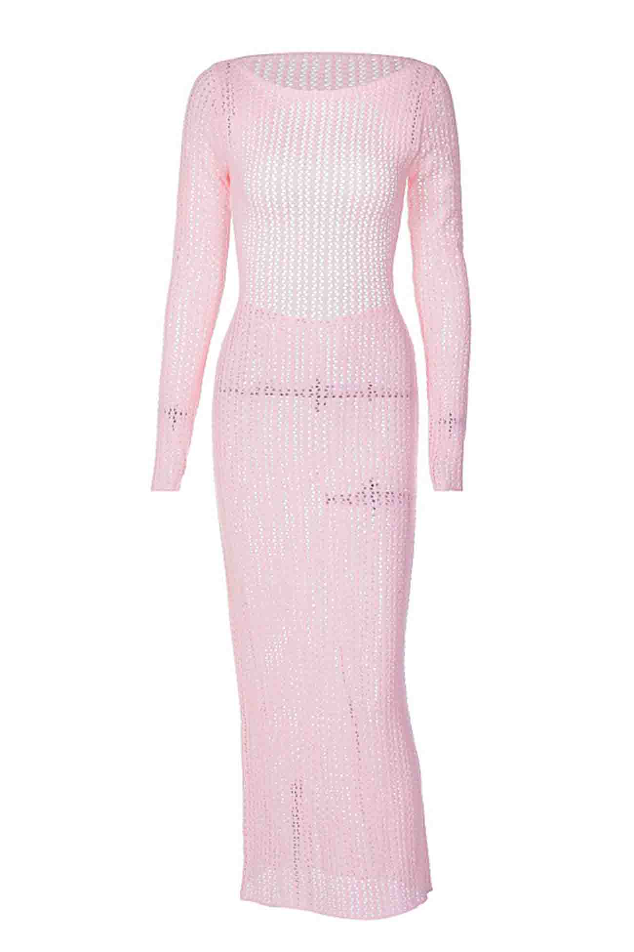 Long Sleeve Backless Knitted Midi Dress with Hollow Out Design InsStreet