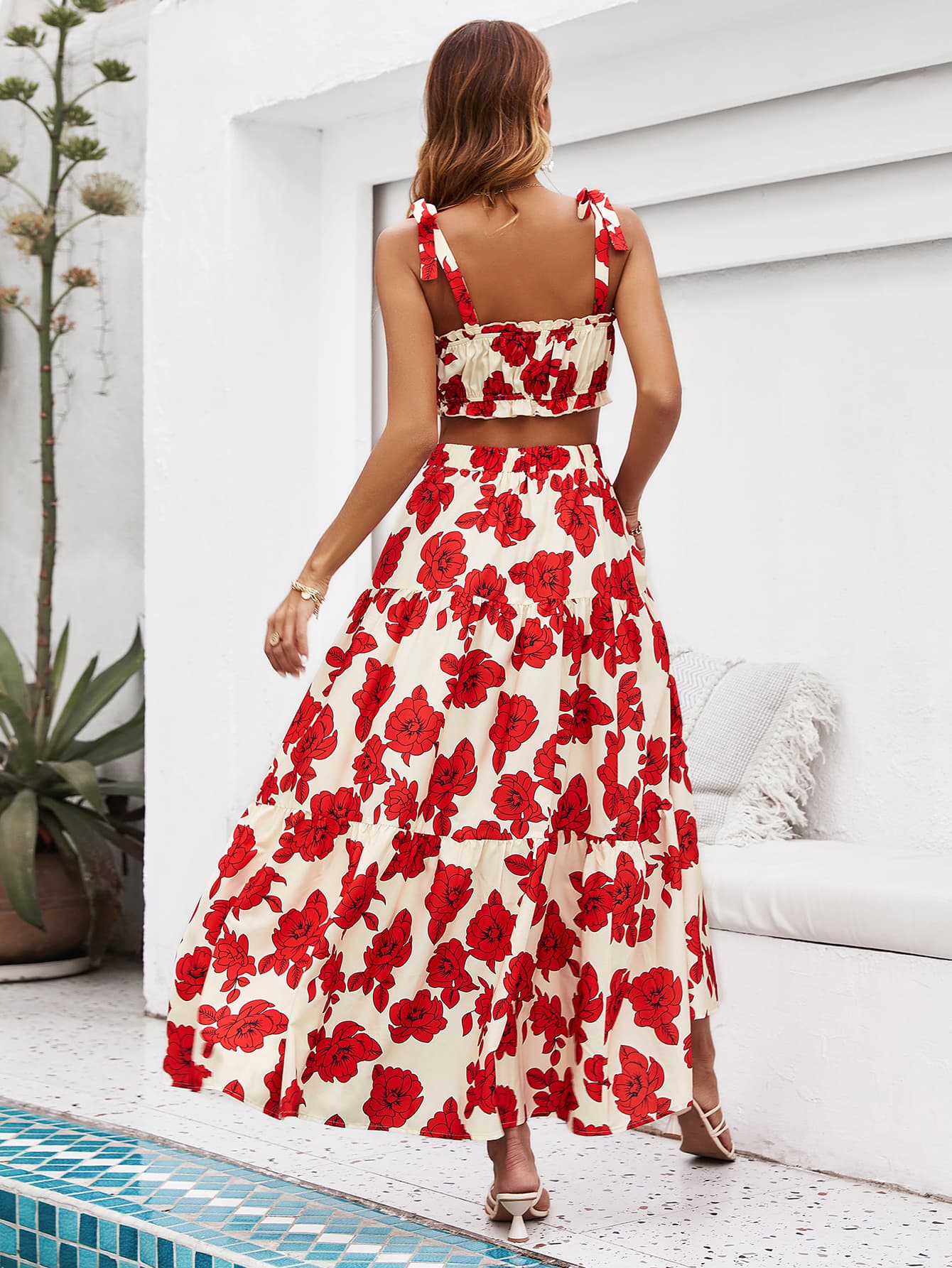 Skirt Tie Tiered Top with Full-Length Flowered Shoulder Set InsStreet