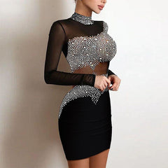 Women Elegant Rhinestone Decor Mesh Bodycon Dress InsStreet