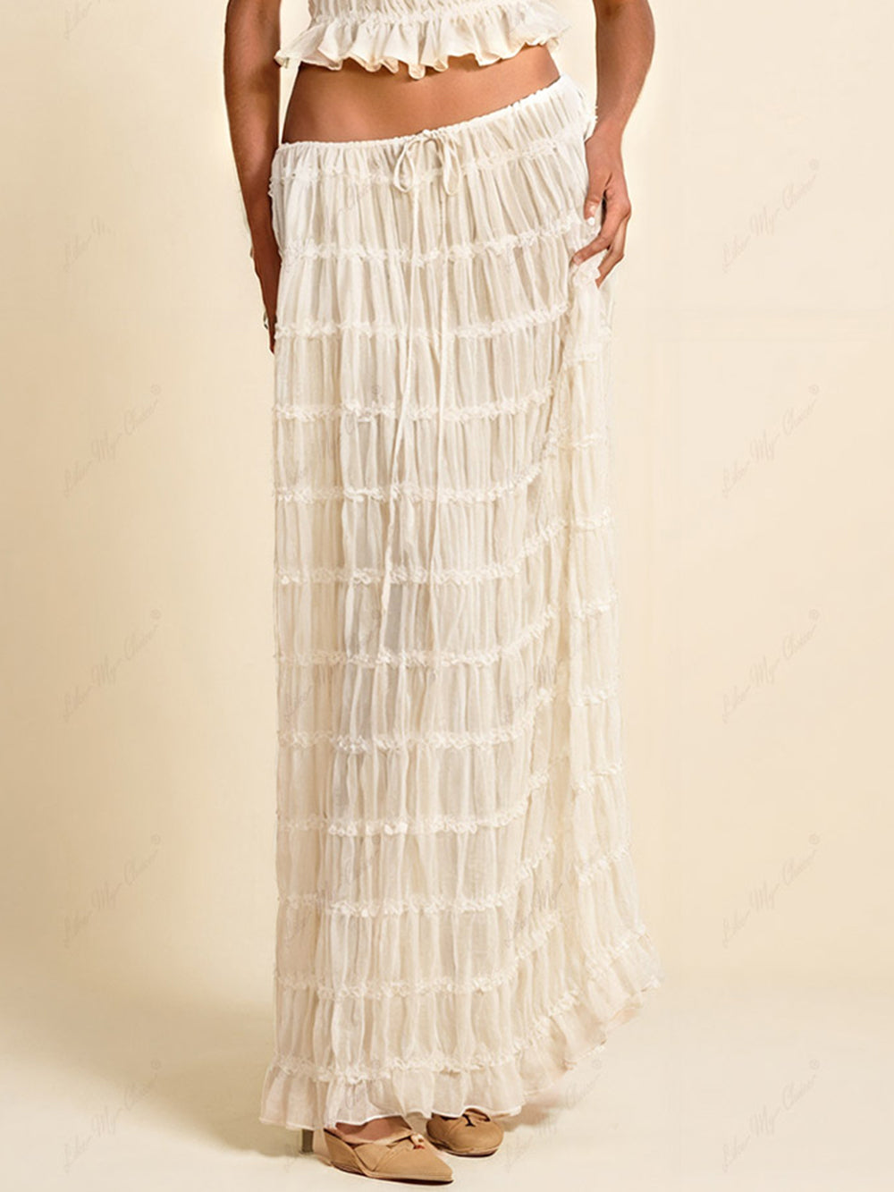 Charm Pleated Drawstring Charming Waist Tiered Maxi Skirt InsStreet