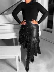 Pearl-Studded Faux-Leather Ruffle Skirt Ins Street