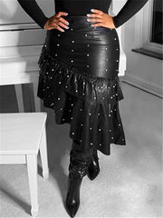 Pearl-Studded Faux-Leather Ruffle Skirt Ins Street