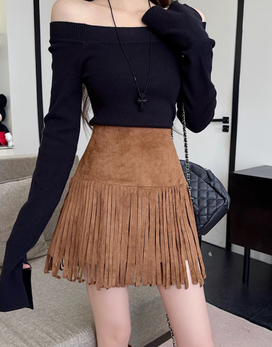 Fearless Faux Suede Fringe Mini Skirt