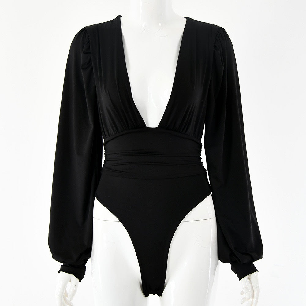 Puff-Sleeve Plunge Bodysuit