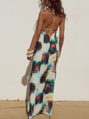 Halter Neck Tie Resort Graceful Style Print Mixi Dress InsStreet