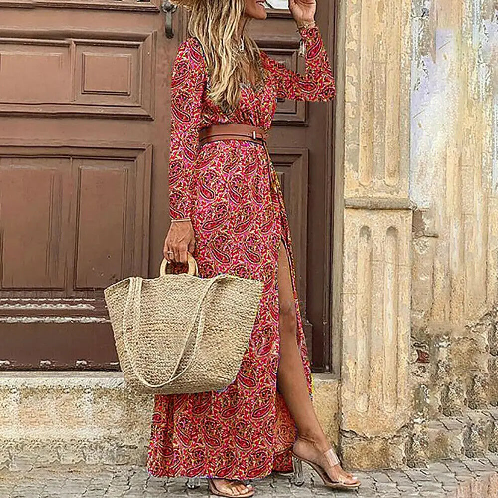 Autumn Female Short Sleeve Sexy High Split Maxi Boho Dress InsStreet