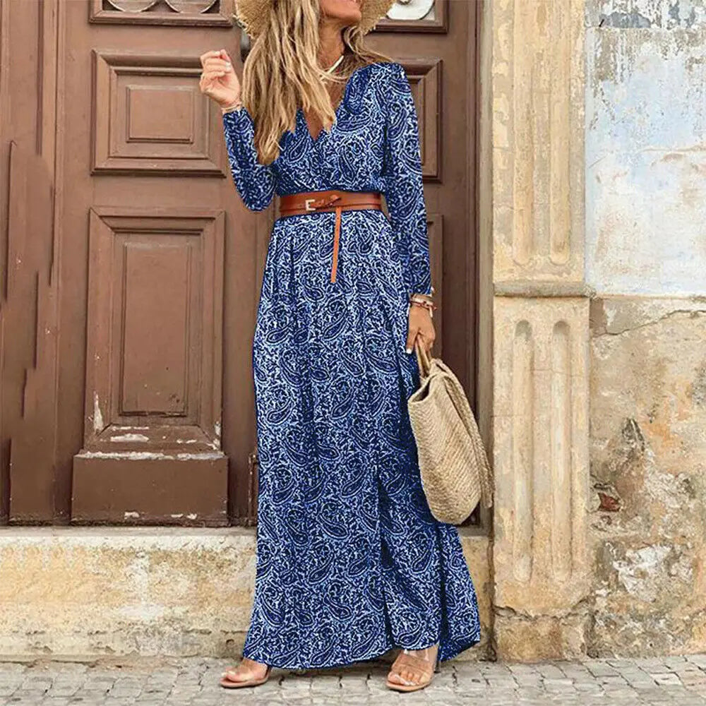 Autumn Female Short Sleeve Sexy High Split Maxi Boho Dress InsStreet